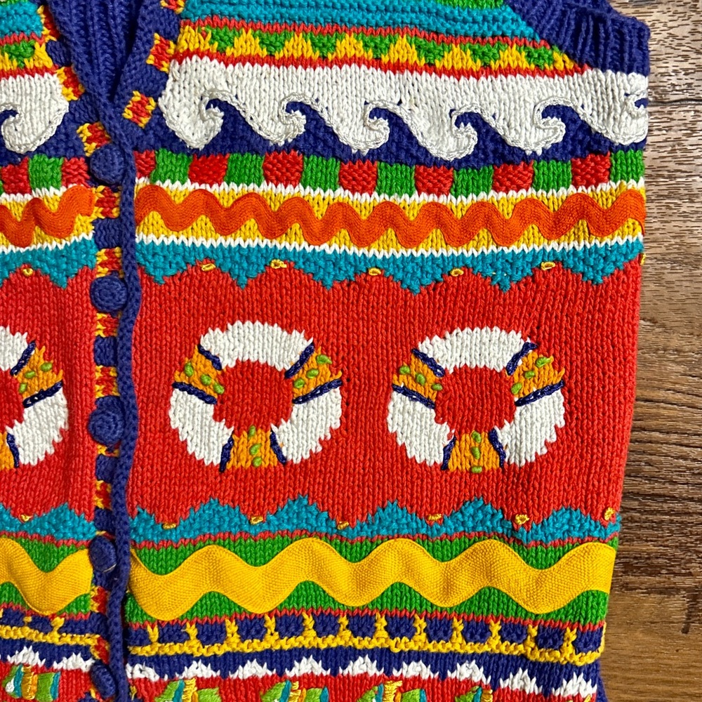 Marisa Christina ~ Large ~ Hand Knitted ~ Orange/Yellow/Blue ~ Ocean/Fish ~ Vest - Picture 14 of 16